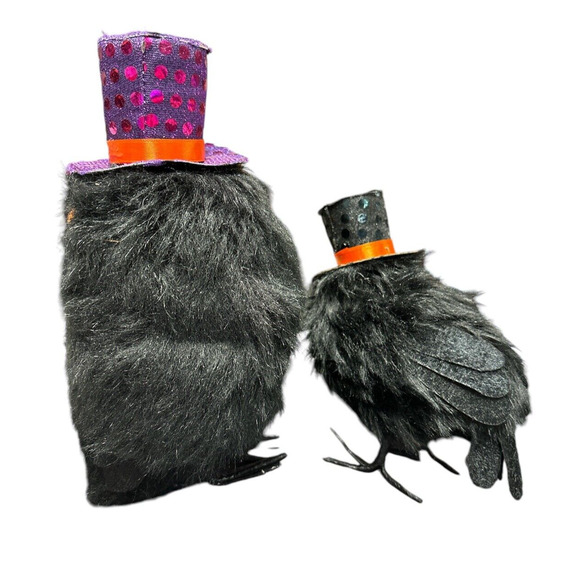 Halloween Black Feathered Owls with Sparkly Top Hats • Set of 2 • Gothic Decor - Picture 2 of 3